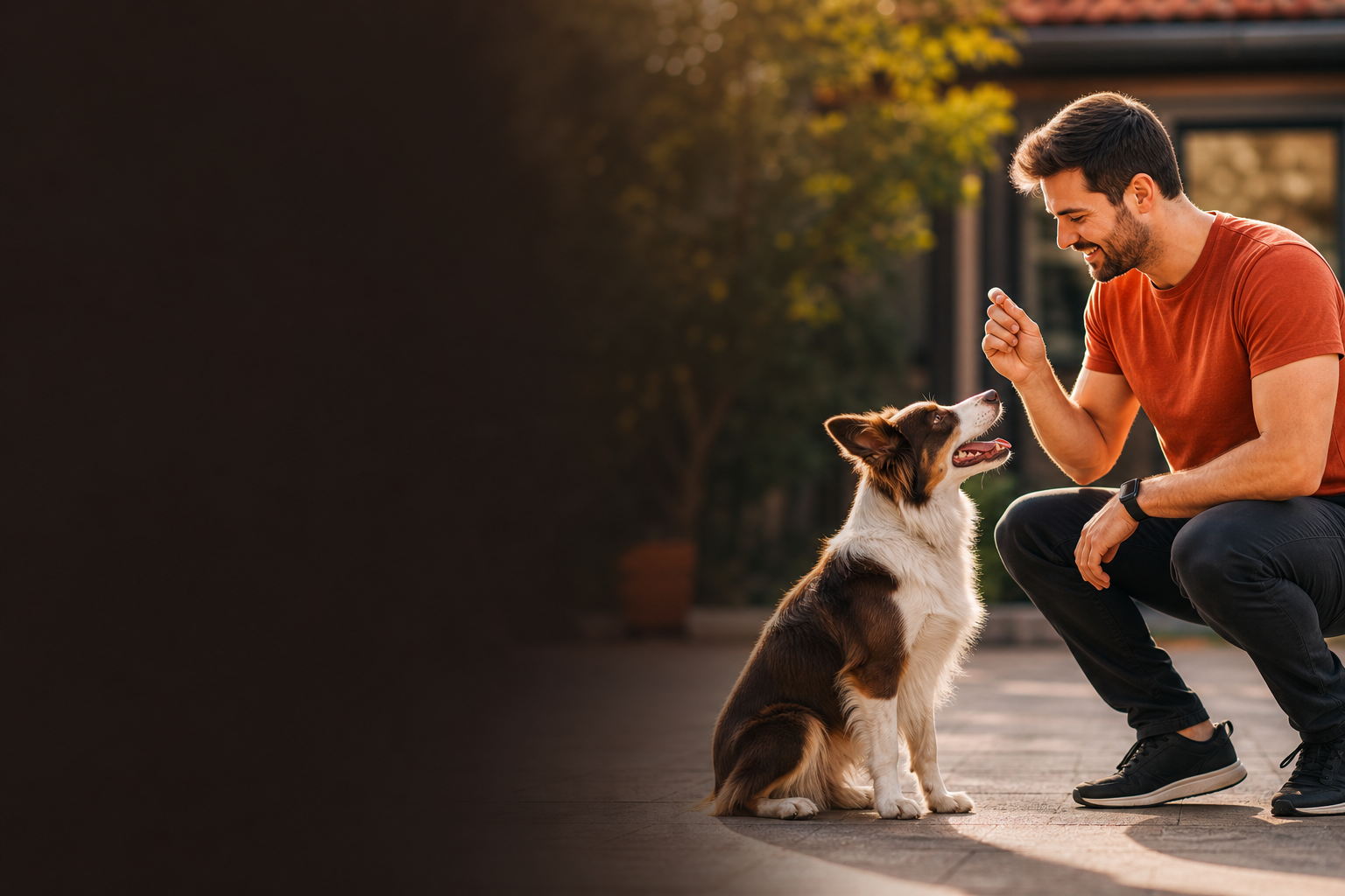 Tutor e cão em uma rotina calma de aprendizado